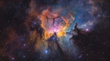 Poster - Captivating image showcasing a mesmerizing cosmic explosion within a vibrant iridescent galactic nebula  The scene is filled with swirling gas dust and plasma