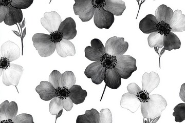 Poster - Black and white floral pattern featuring delicate flowers and leaves on a light background suitable for various design projects
