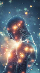 Wall Mural - a visual representation of fibromyalgia, with a figure glowing from points of pain to depict chronic