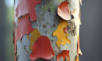 Peeling paint on tree trunk, close-up, outdoors, blurred background, texture