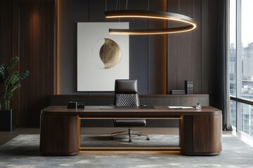 Poster - Modern office interior with elegant design elements, natural light, and sleek furniture in a contemporary workspace
