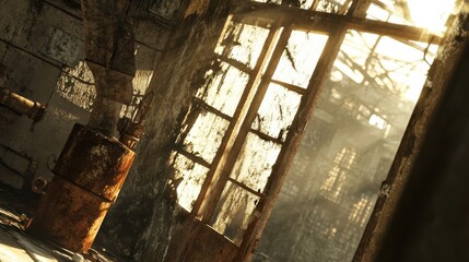 Fototapete - Light streams through dusty windows in an abandoned industrial building, creating a dramatic atmosphere in the heart of the urban decay
