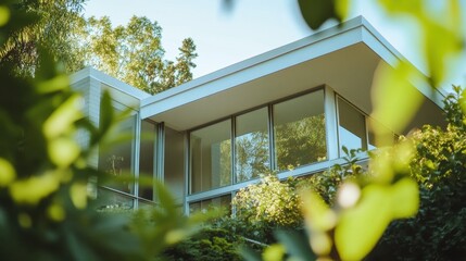 Aufkleber - Modern glass house surrounded by lush greenery in a serene forest setting during golden hour showcasing natural light and design harmony