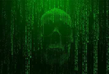 vector binary code skull design. vector glowing green digital code rain in a matrix inspired futuris