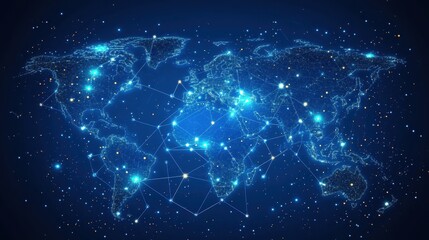 Poster - Network visualization showcasing connections and data flow in a digital world map at night