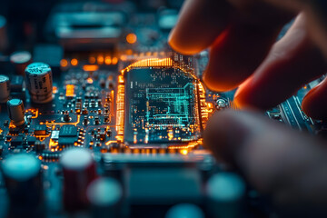 Wall Mural - exploring the intricate details of a circuit board under magnification with hands engaged in technic