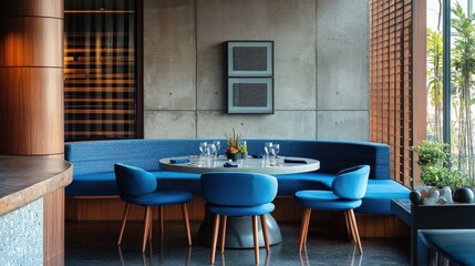 Wall Mural - Sleek dining space featuring a concrete table with blue seating options.