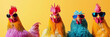 © MNStudio - Funny trendy chickens wearing fancy clothes on vivid yellow background. Celebrating Easter. Funny Easter banner.