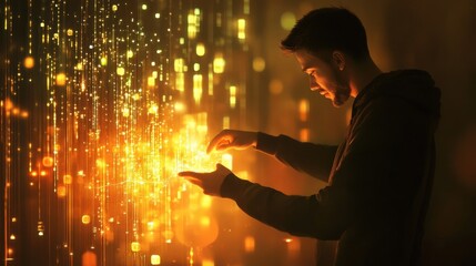 A focused man interacting with a glowing financial growth chart.