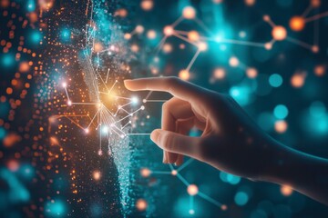 Wall Mural - Digital technology concept, hand touching social network icon with glowing light effect on digital screen background of global map and connection line between people icons in the worldwide web 