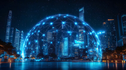 Wall Mural - information and communication technologies network and smart city concept with night skyscrapers lan