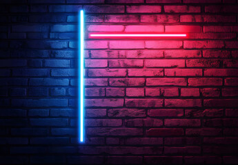 Wall Mural - blue and red neon lights on a brick wall.