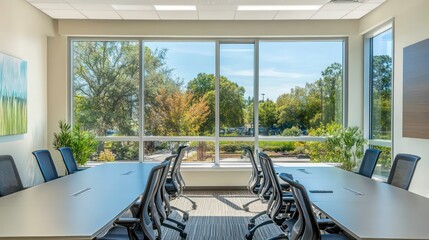 Poster - Modern office conference room with large windows overlooking a park-like landscape.
