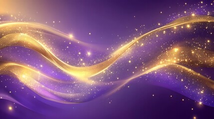 Wall Mural - Golden Waves Sparkle Across Purple Background