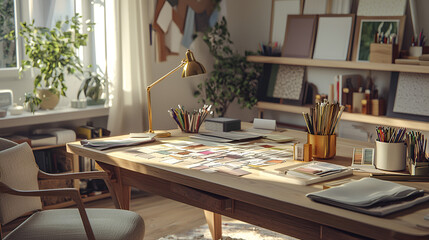 Sunlit workspace with art supplies and color palettes. A creative and inspiring environment for design and art.