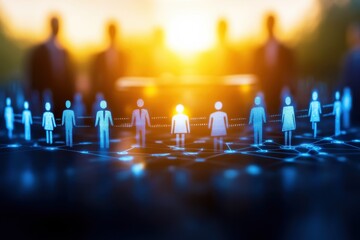 Wall Mural - digital human icons representing social connection and networking in a warm sunset with abstract bac