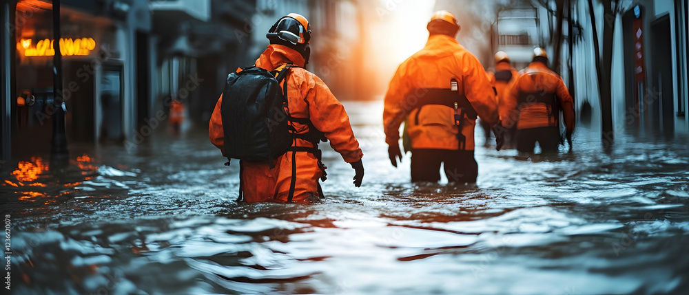 Emergency response teams handling a flood in a cityscape, demonstrating ...