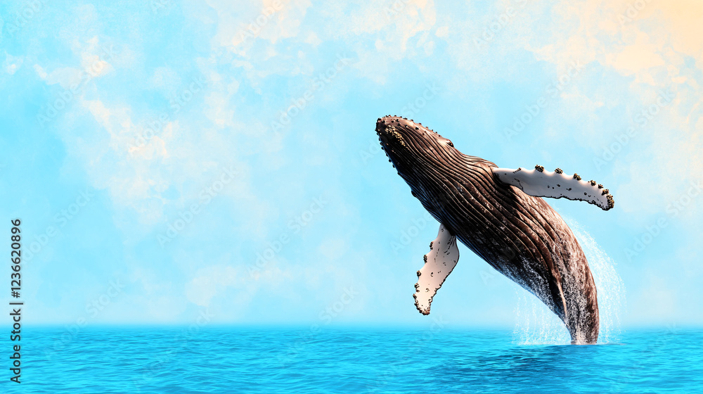 Majestic humpback whale breaching surface of vibrant blue ocean ...