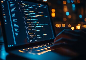 Coder's hands on laptop keyboard, glowing screen displaying lines of code at night.
