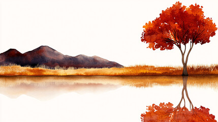 Wall Mural - serene landscape featuring vibrant orange tree, mountains, and calm reflection in water, evoking tranquility and natural beauty