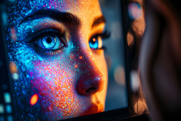 Wall Mural - generative ai depiction of a retoucher enhancing a digital portrait on a high-resolution monitor