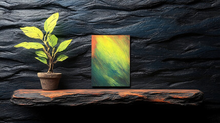 Wall Mural - vibrant abstract painting displayed on textured wall, accompanied by potted plant, creates lively and artistic atmosphere. colors blend beautifully, enhancing overall aesthetic