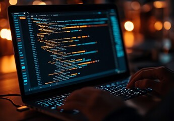 close-up of hands coding on laptop at night.