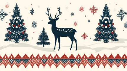 Wall Mural - Silhouette of deer amidst snow-covered Christmas trees and snowflakes, featuring a knitted border.