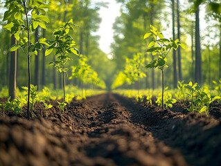 Wall Mural - young trees in a plantation, spring sunlight, soil path, reforestation project.