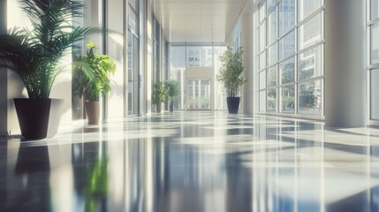 Wall Mural - Modern office hallway with shiny floor and large windows