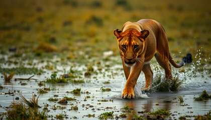 a lioness stalking prey in a rain