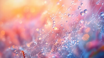 Aufkleber - Dew drops glisten on delicate branches during sunrise, creating a serene and calming natural display in the morning light