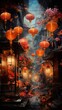 © SerWi - Autumnal Asian street scene, lanterns glowing, leaves falling, misty atmosphere; ideal for fantasy or travel.