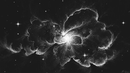 Aufkleber - Forming new galaxy around a neutron star with glowing cosmic dust and gas clouds in an endless universe. Starburst nebula in stippling style. Dotwork. Pointillism. Dots shading. Vector illustration