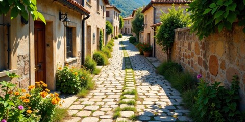  Sun-drenched cobblestone lane nestled between charming stone houses, adorned with vibrant flowering plants and lush greenery, casting gentle shadows on the idyllic pathway