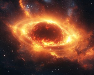 Wall Mural - Dramatic Scene of a Red Giant Star Casting Warm Light over Swirling Cosmic Dust Clouds and Planetary Rings