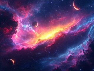 Wall Mural - Vibrant Cosmic Nebula with Swirling Pastel Galaxy and Scattered Planets