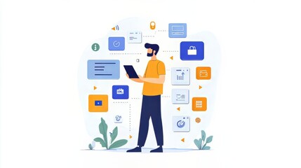 Wall Mural - Man engaging with digital tools and analytics in a modern workspace.