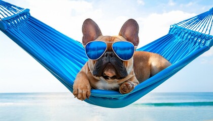 French bulldog dog relaxing on a fancy blue hammock with blue sunglasses, on summer vacation holidays at the beach