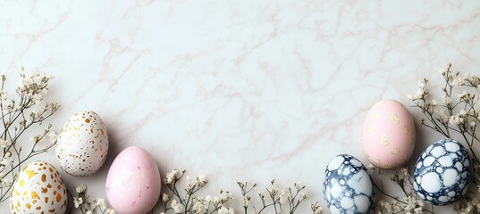 Canvas Print - Stylish Easter Eggs and Delicate Spring Flowers on a Marble Background with Copy Space