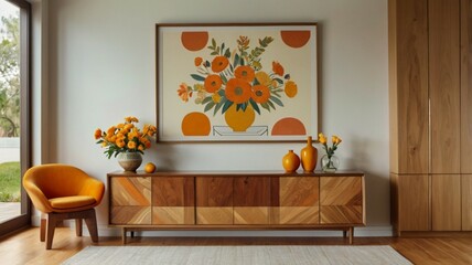 Wall Mural - Interior of modern living room with yellow armchair and vase with flowers