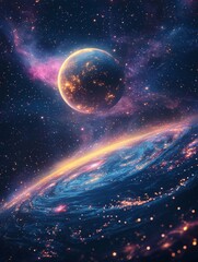 Wall Mural - Radiant Galactic Wonderland with Luminous Planet and Swirling Cosmic Stars