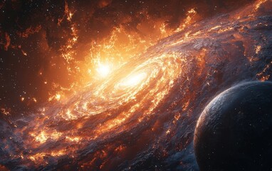 cinematic galaxy with swirling nebulae icy planets and comet streaking through the cosmos