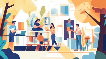 Leinwandbilder - Diverse team collaborates in a bright, outdoor workspace, surrounded by nature.