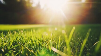 Wall Mural - A field of green grass with the sun shining on it