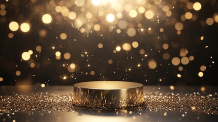 Gold podium for product presentation vector illustration. Abstract empty golden award platform with neon glowing round frame and rays, glitter confetti sparkle rain falling from above background