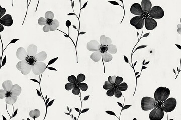 Poster - Black and white floral pattern featuring delicate flowers and leaves on a light background suitable for various design projects