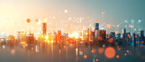 Wall Mural - a futuristic city skyline with abstract data visualizations and glowing elements representing techno