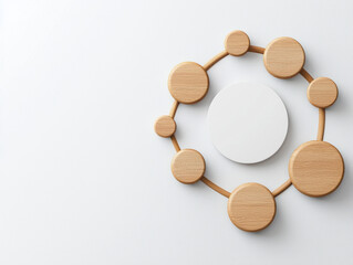 Fototapete - A minimalist wooden wall decoration featuring a circular design with evenly spaced wooden discs surrounding a central white area.
