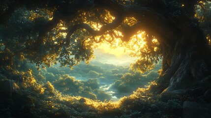 Wall Mural - Heart-shaped tree framing sunrise over misty forest.